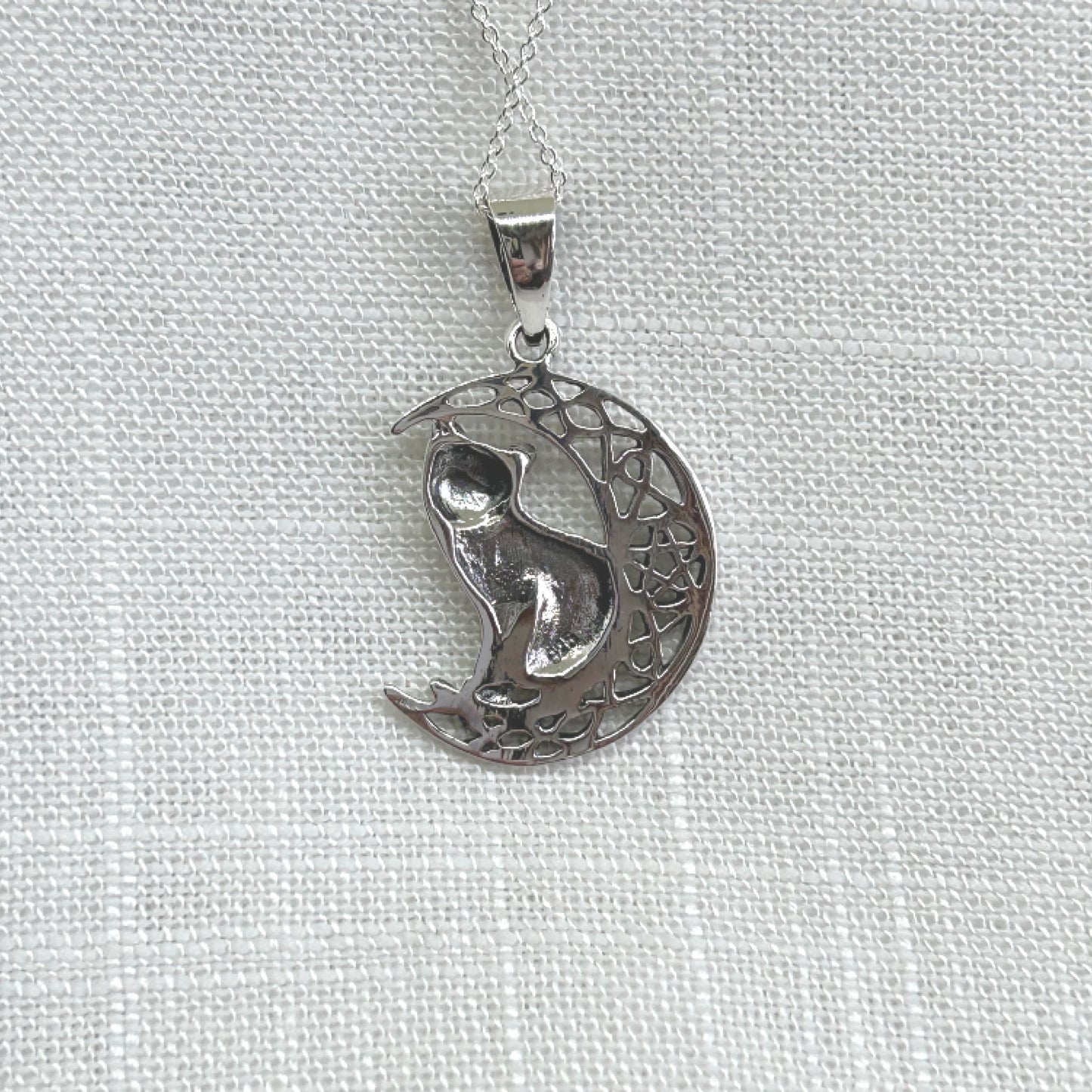 Sterling Silver Cat & Moon Necklace by Lisa Parker