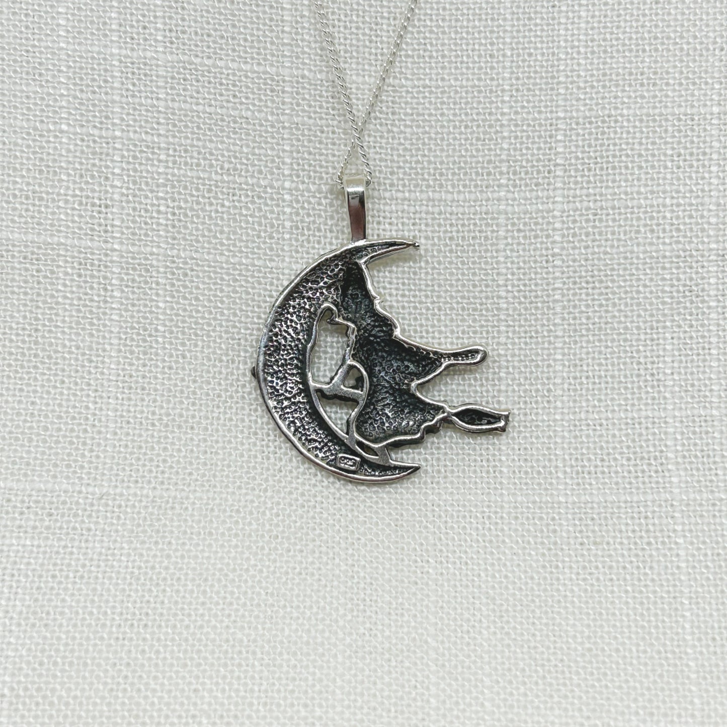 Sterling Silver Flying Witch & Moon Necklace Large