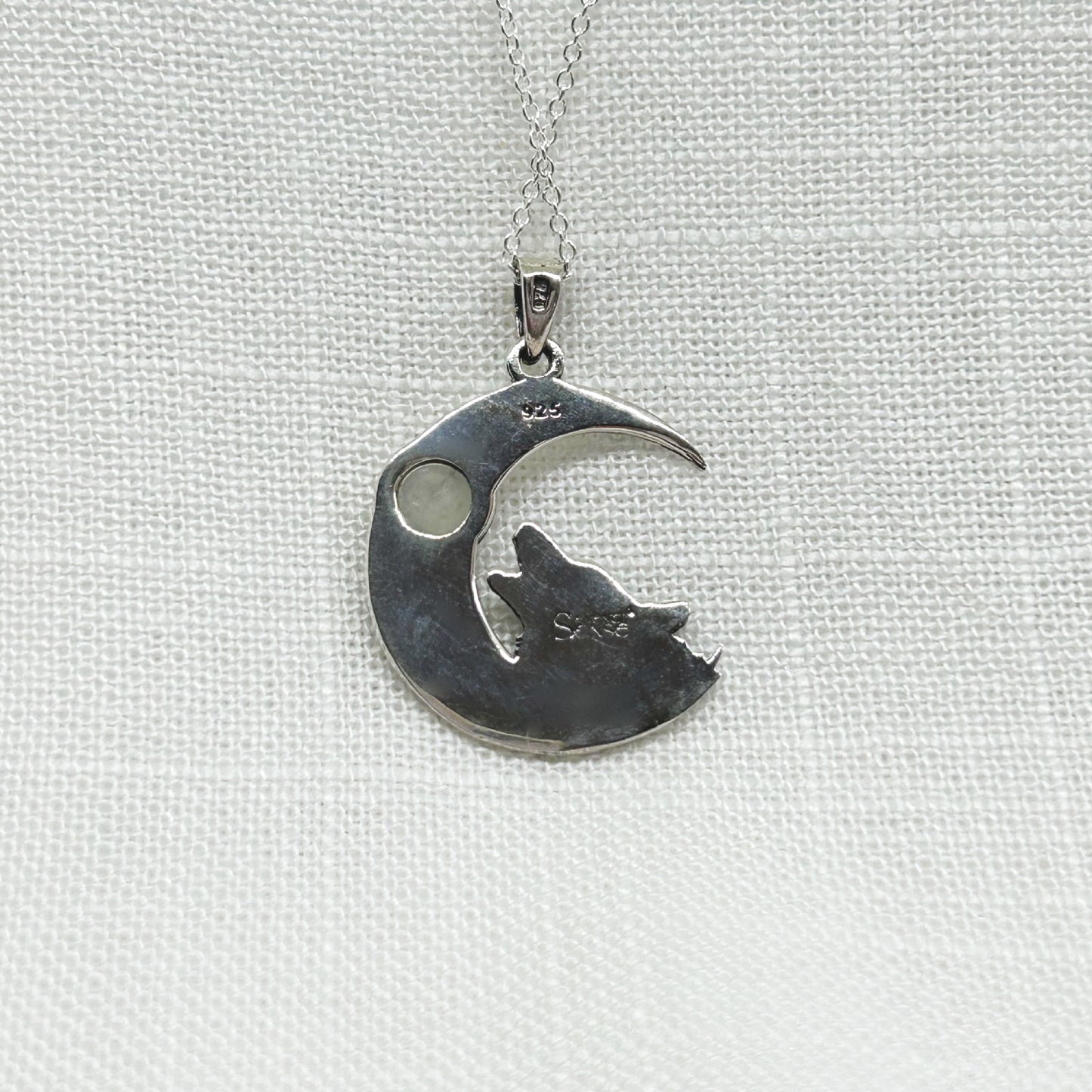 Sterling Silver Howling Wolf Necklace with Rainbow Moonstone