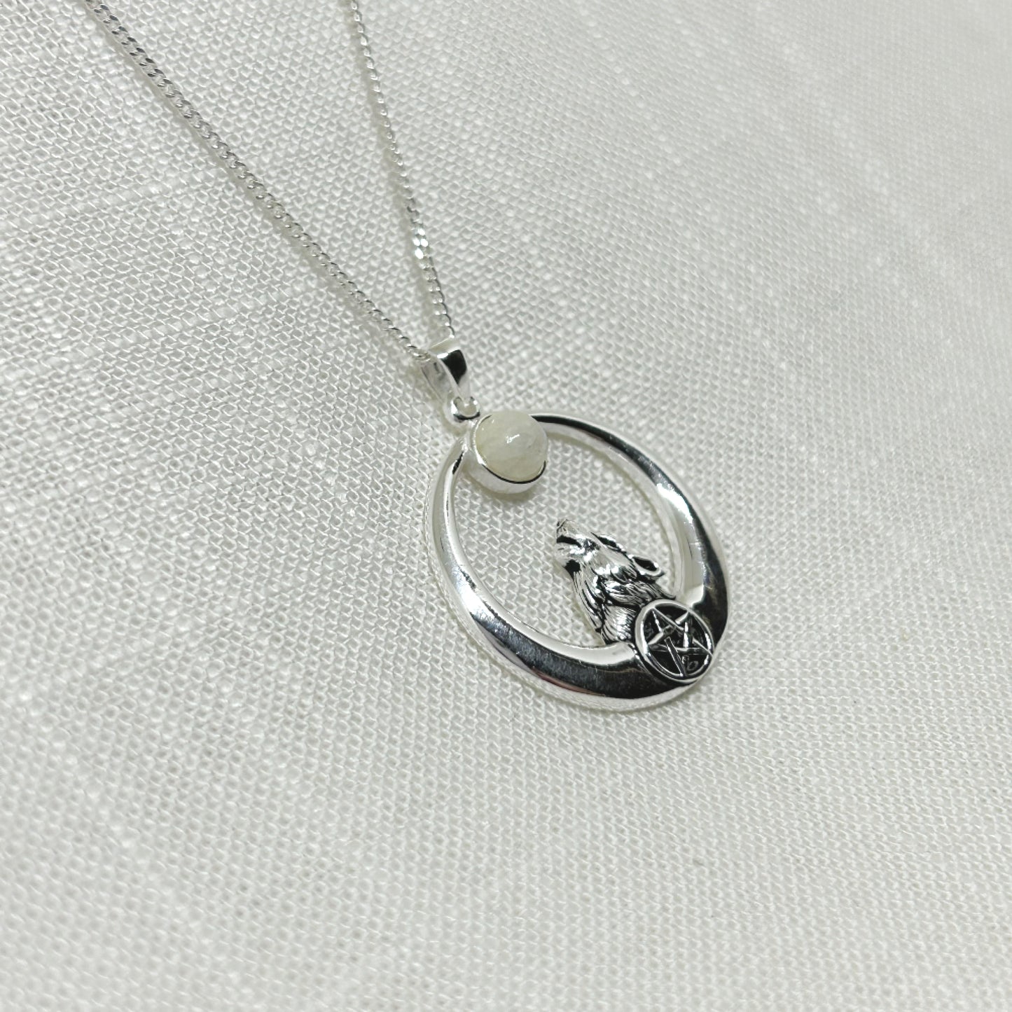Sterling Silver Moon Gazing Wolf with Rainbow Moonstone & Pentacle Necklace