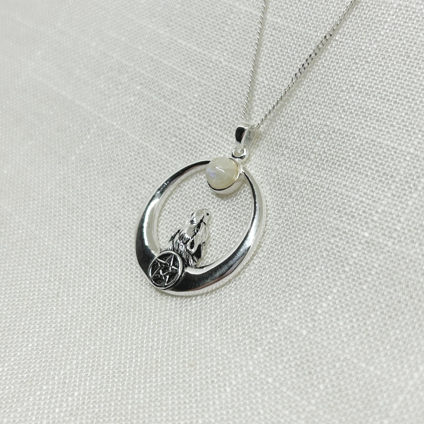 Sterling Silver Moon Gazing Wolf with Rainbow Moonstone & Pentacle Necklace