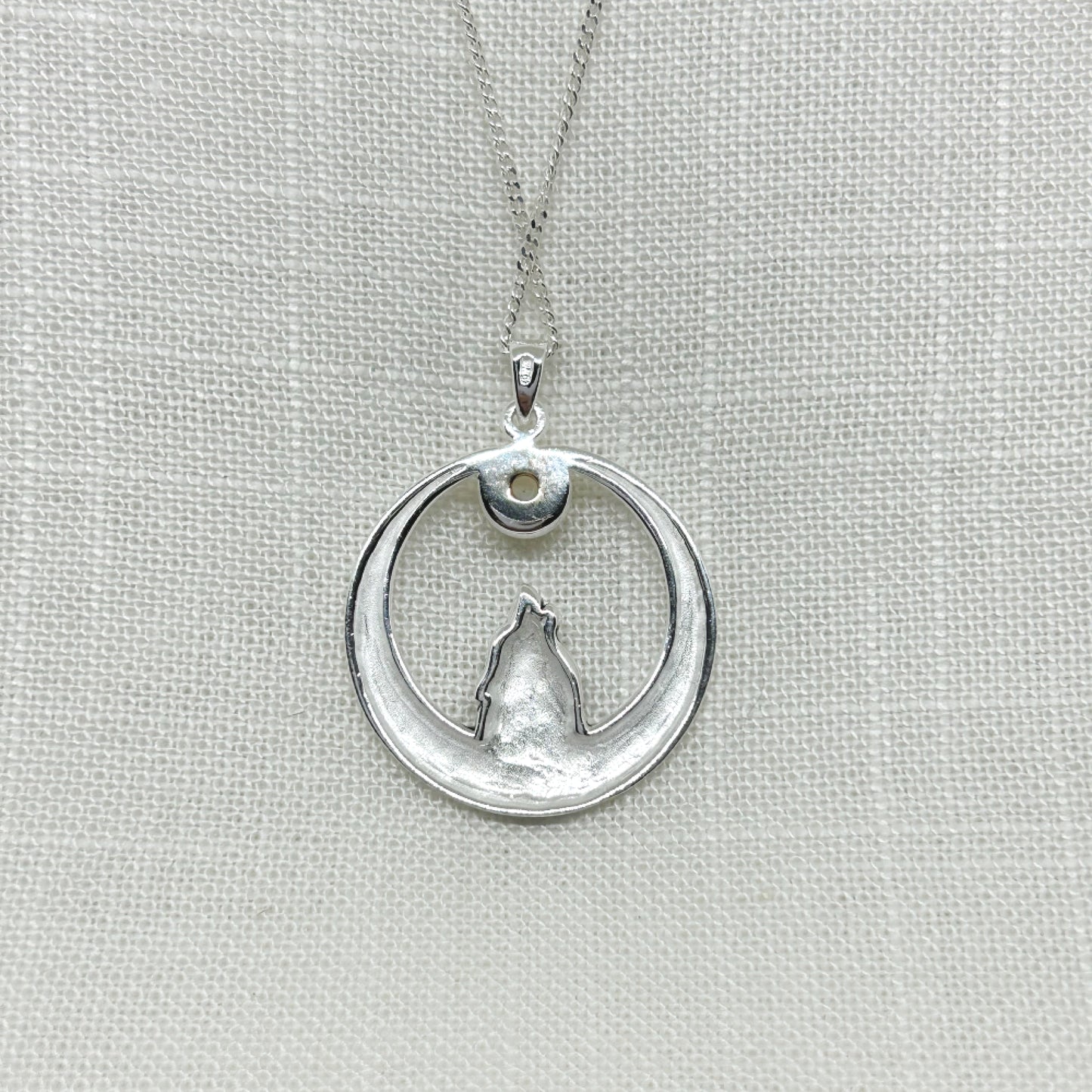 Sterling Silver Moon Gazing Wolf with Rainbow Moonstone & Pentacle Necklace