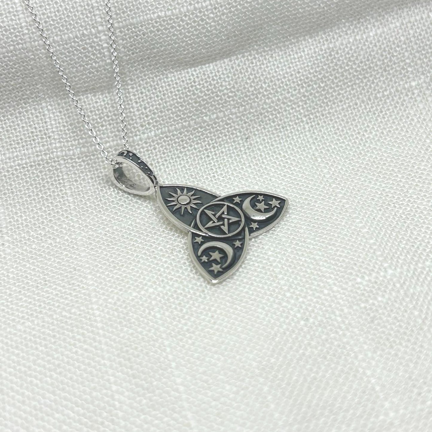 Sterling Silver Triquetra with Sun Moon and Stars Necklace