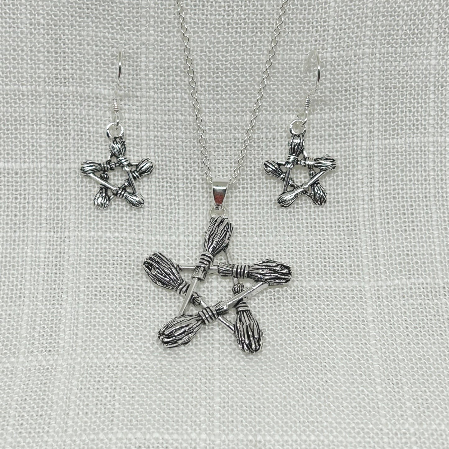 Sterling Silver Witches' Besom Broomstick Pentagram Drop Earrings