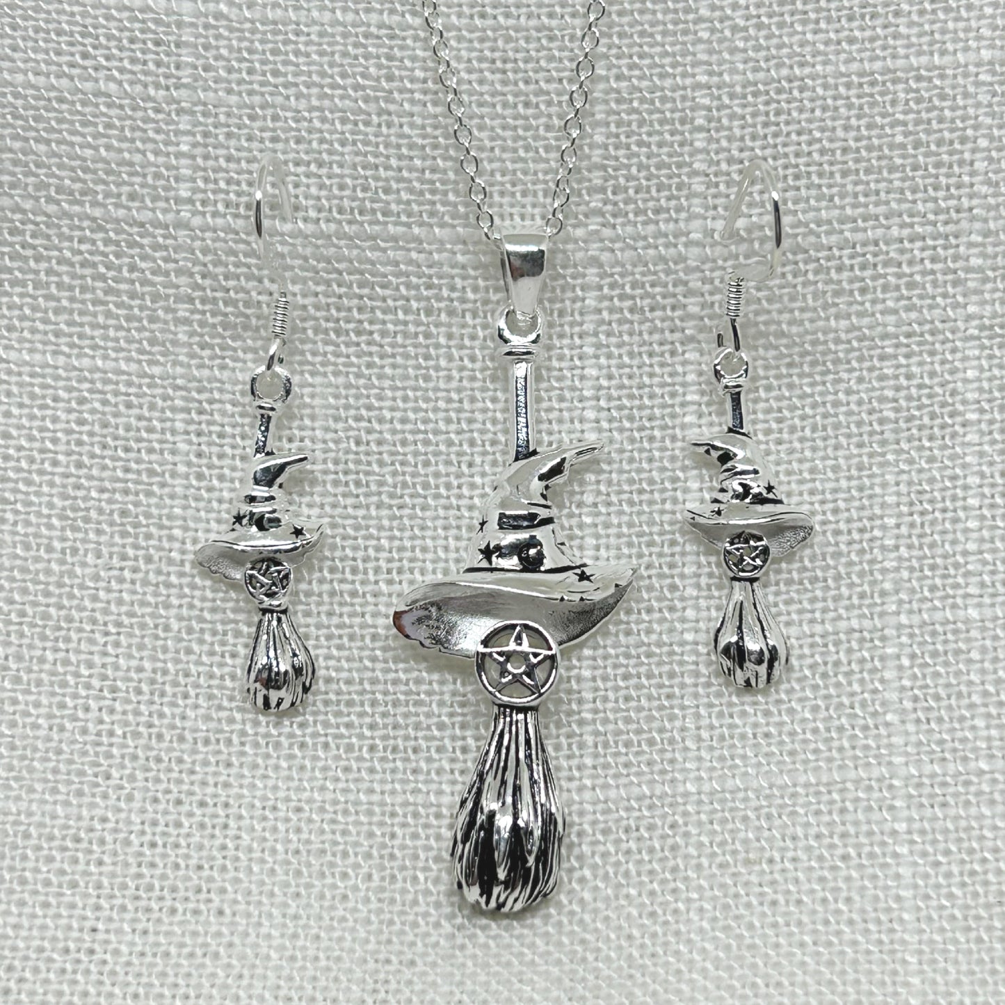 Sterling Silver Witches' Besom Broomstick & Hat Drop Earrings