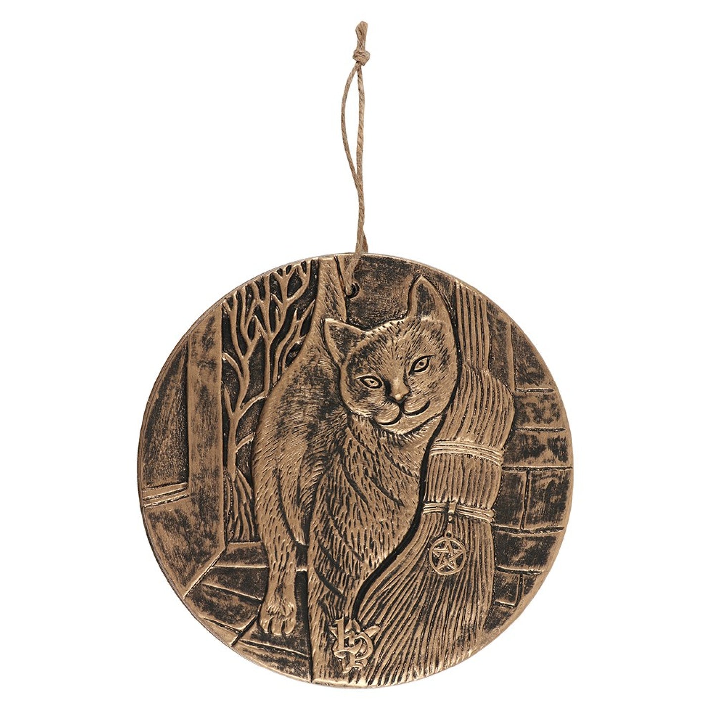 Finished with a bronze paint, these stunning terracotta wall plaques depict Lisa Parker's 'A Brush With Magic' artwork featuring a cat and witch's broom. 20cm in diameter
