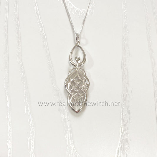 A stunning Celtic knot goddess pendant is approximately 3.8cm long including the fixed bale. She symbolises feminine power, good fortune, health and happiness. All pendants come supplied on a 20" Sterling Silver Curb Chain and come gift boxed.