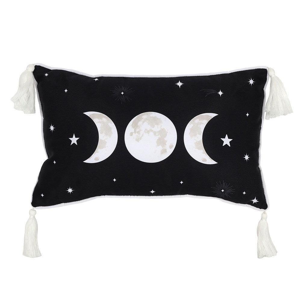 This lovely rectangular fabric cushion is black in colour with a white and grey triple moon design and white tassel accessory on each corner. Zip closure so inner can be removed. Size: H25cm X W40cm X D10cm