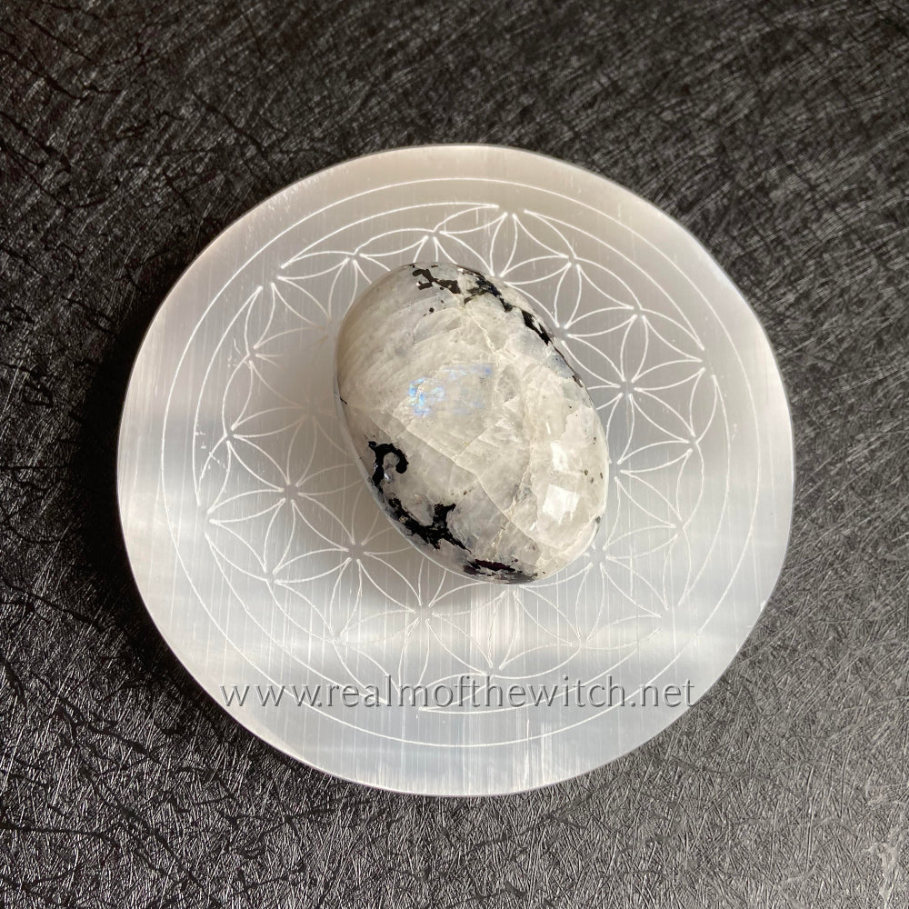 Selenite Engraved Flower of Life Mandala Charging Plate