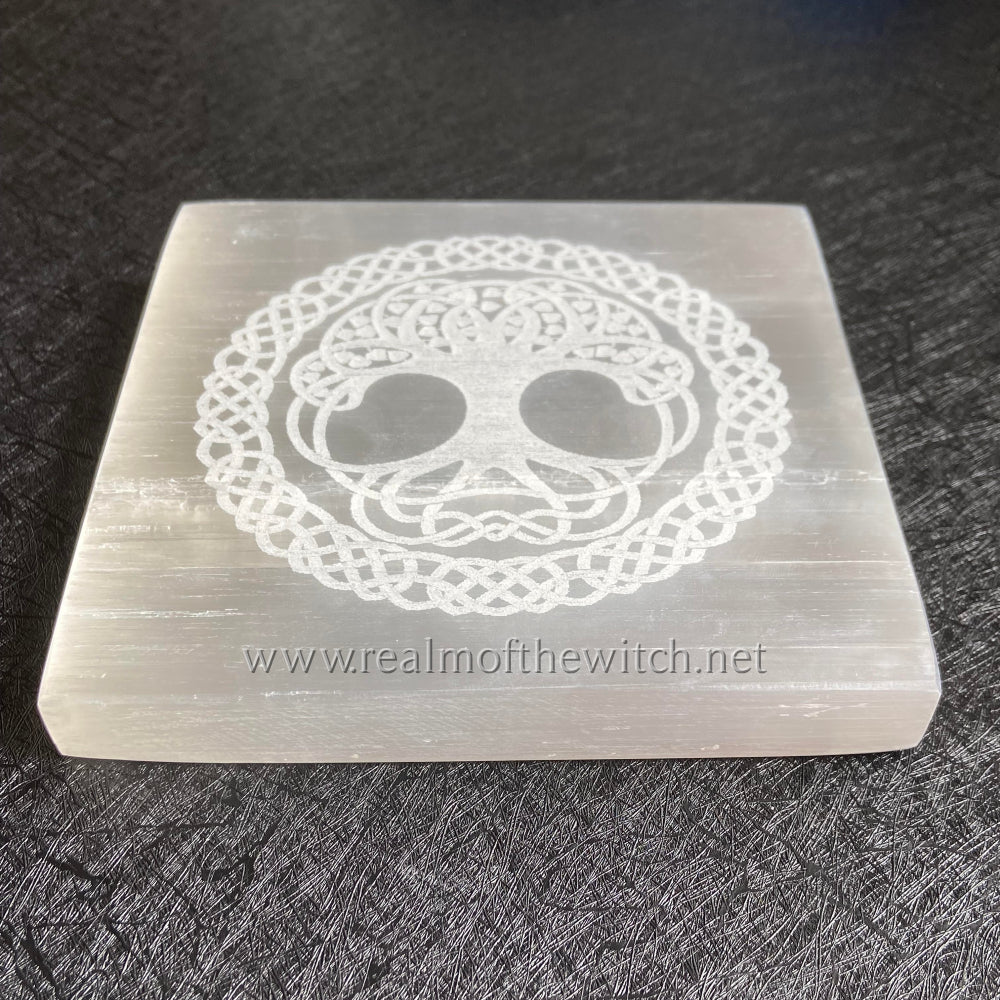Selenite Engraved Tree of Life Square Charging Plate