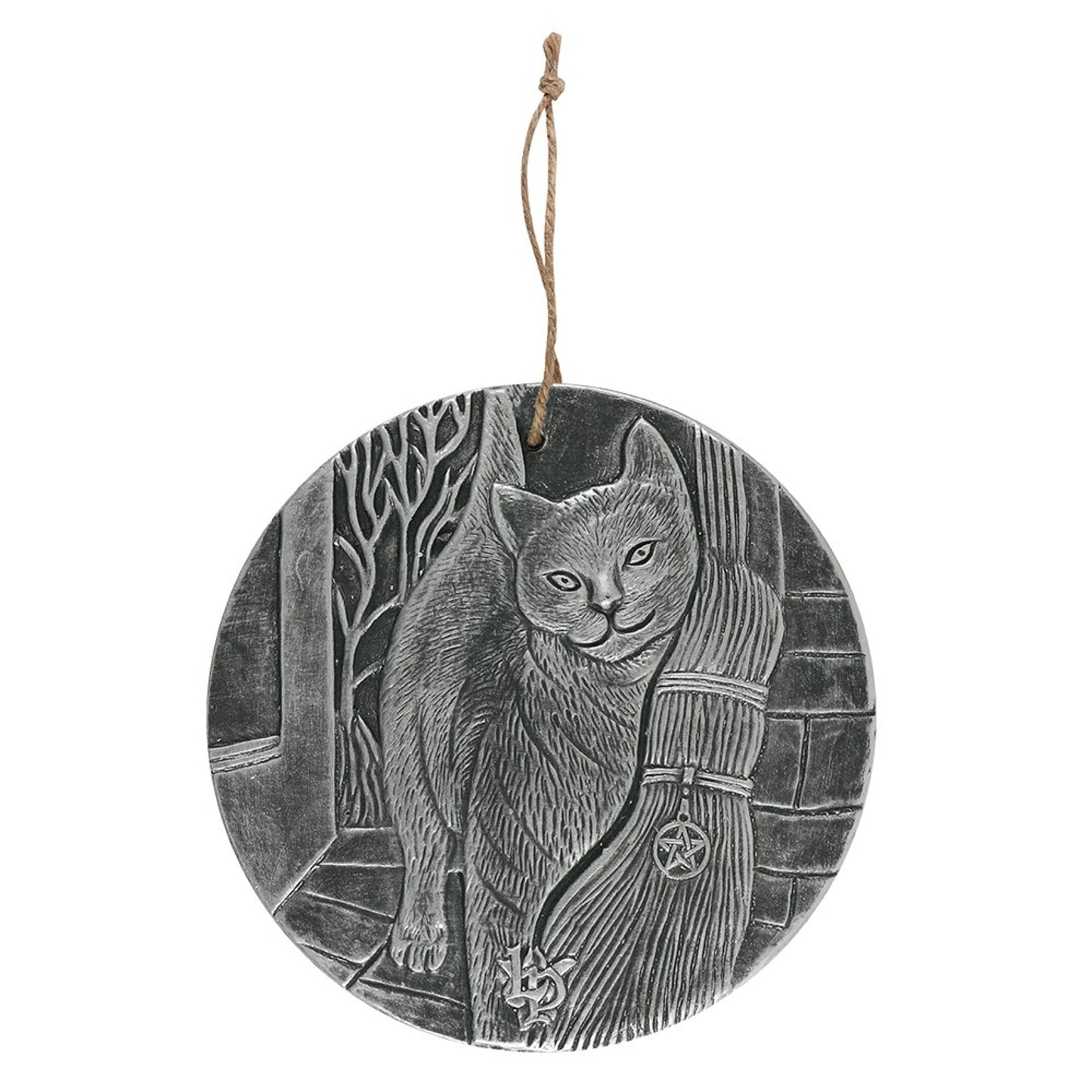 Finished with a silver paint, these stunning terracotta wall plaques depict Lisa Parker's 'A Brush With Magic' artwork featuring a cat and witch's broom. 20cm in diameter