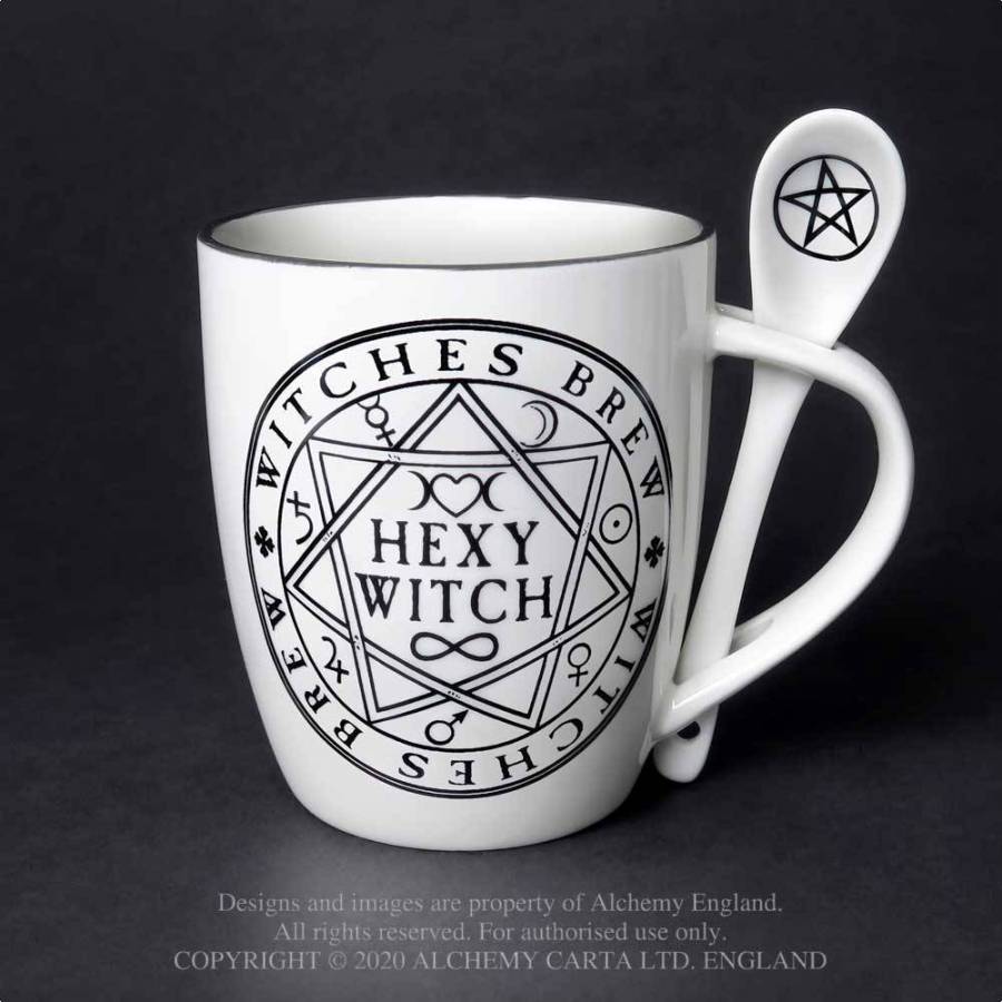 This 'Hexy Witch' mug and spoon set is the perfect gift for that tea or coffee loving friend! Or maybe a little treat just for you, it will truly serve you a fiendishly good brew! This extraordinary mug and spoon set forms part of the exciting Home & Gift Collection by Alchemy.