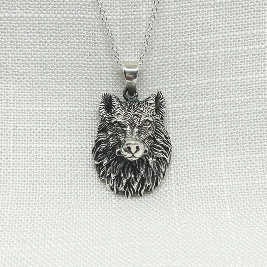 Sterling Silver 3D Wolf Head Necklace