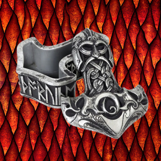 A heathen coffer under the protection of the thunder god ensuring strength, healing and fertility. Carved with runes which proclaim 'A Blessing On This Hammer'. Let Thor be the guardian of your treasure and trinkets.