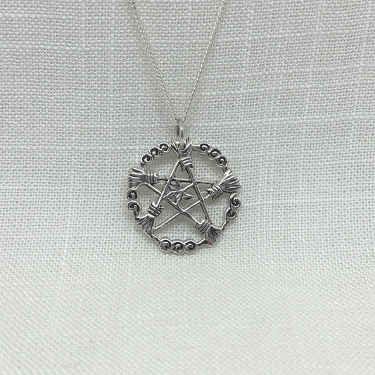 This pendant is a best seller with its detailed Besoms or Broomsticks of Elder in a Pentacle design encased in a Blackberry Vine circle with an Elder leaf in the centre. Approximately 2.9cm in long including the bale by 2.6cm wide. All pendants come supplied on a 20 inch Sterling Silver Curb Chain and are gift boxed. 