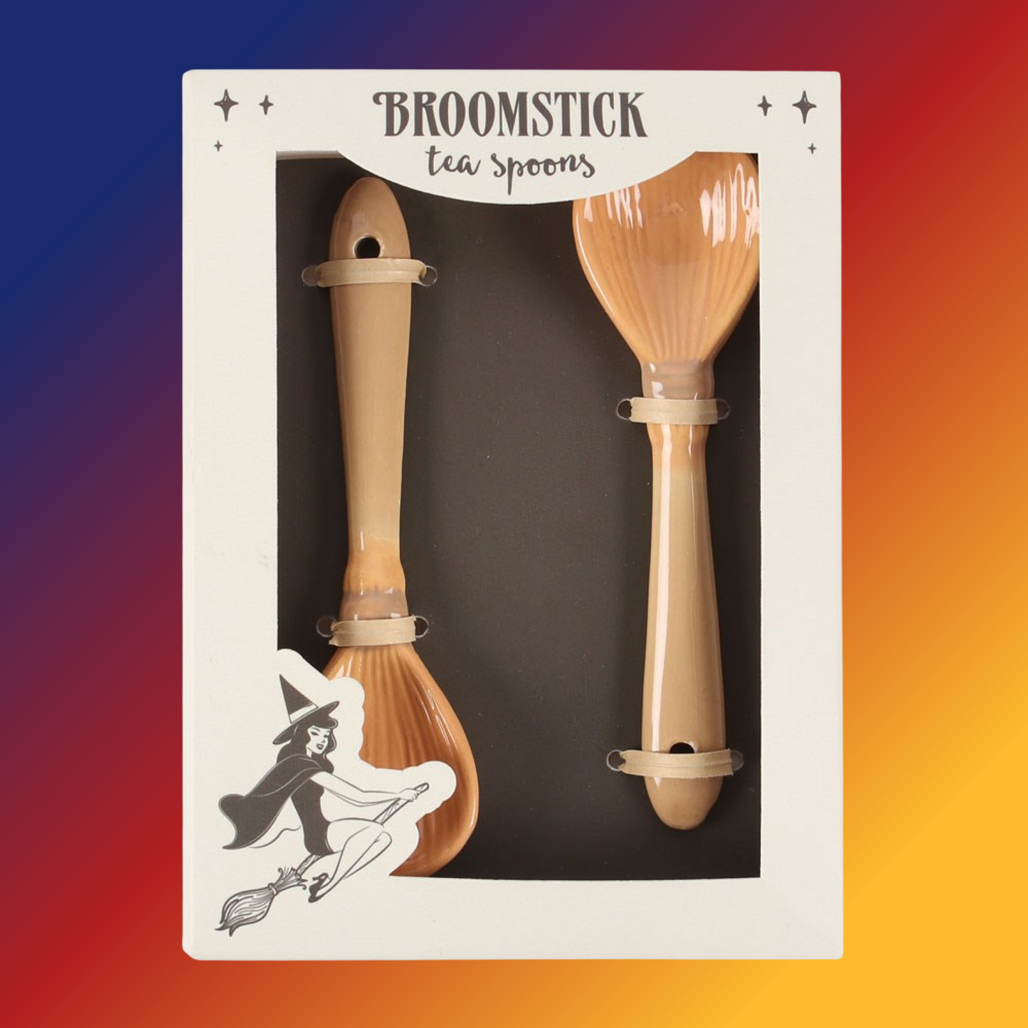 A pair of magical broomstick shaped teaspoons ideal for adding a hint of enchantment to your daily cup of Witchy brew.  Food safe. Material Ceramic