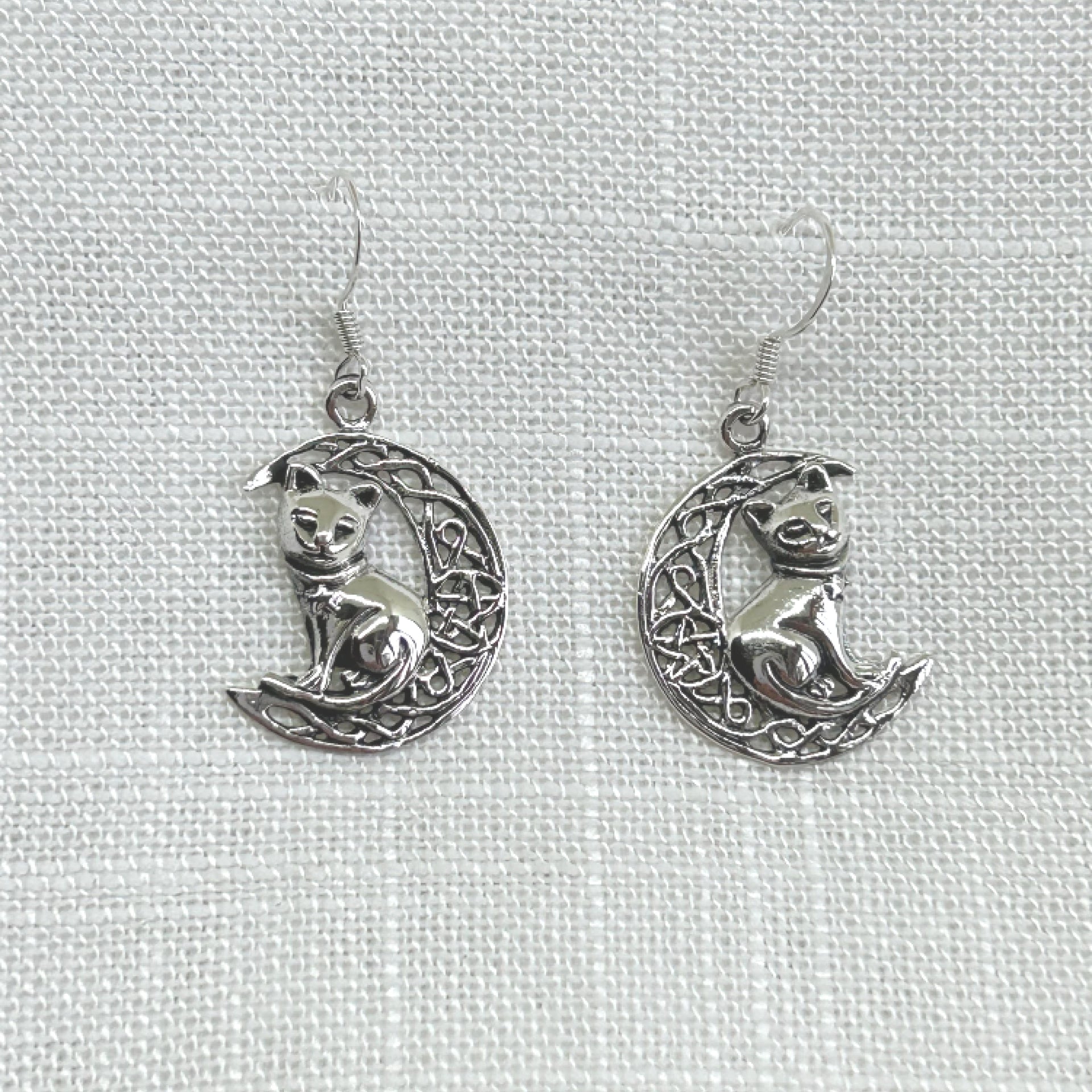 Sterling Silver Cat & Moon Drop Earrings by Lisa Parker  display picture 1