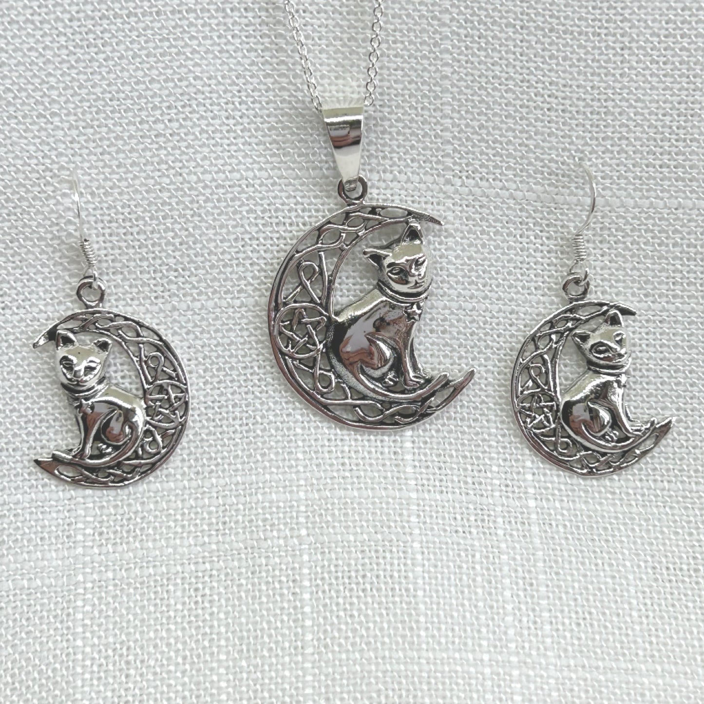 Sterling Silver Cat & Moon Drop Earrings by Lisa Parker