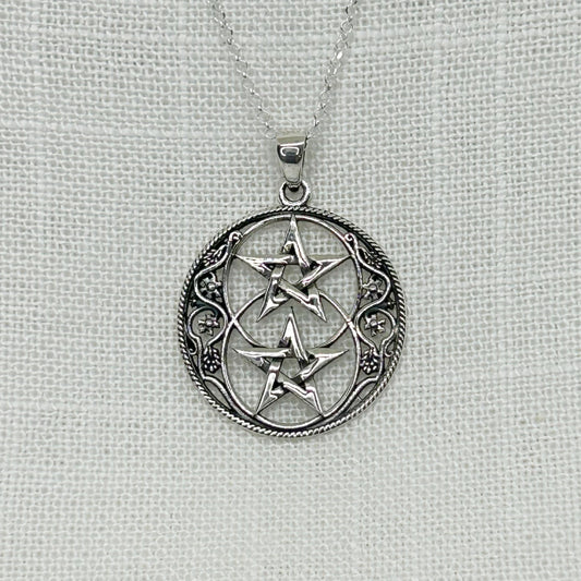This beautiful Chalice Well themed Necklace is inspired by the well at the heart of Glastonbury and features two Pentagrams.  The size of the pendant is 3.1cm long (including the bale) by 2.4cm in diameter.  The pendant comes on a 20" sterling silver chain and arrives in a tarnish proof bag inside a gift box.