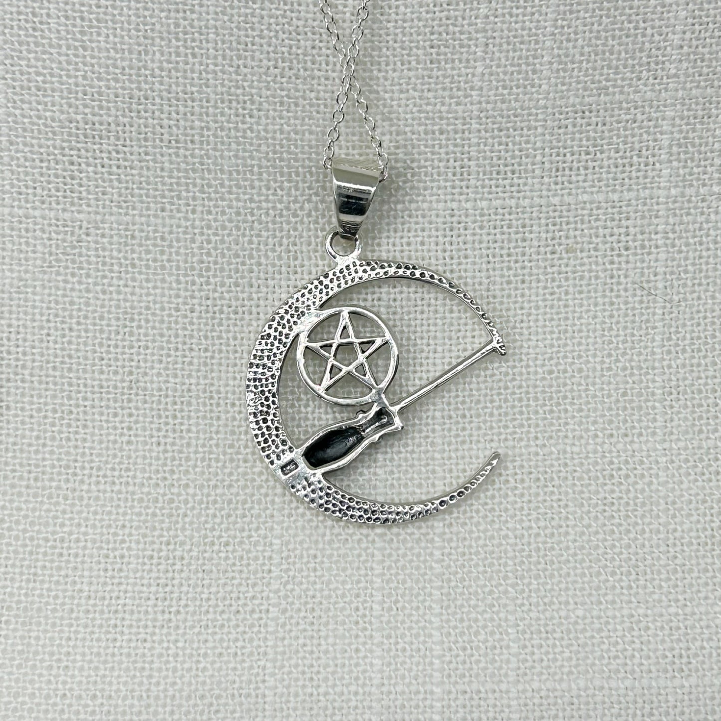 Sterling Silver Crescent Moon with Broomstick Necklace