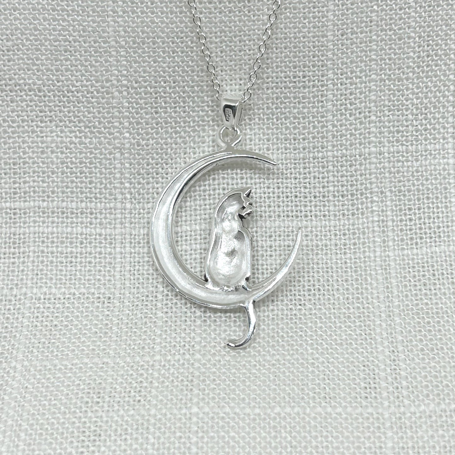 Sterling Silver Crescent Moon with Cat Necklace