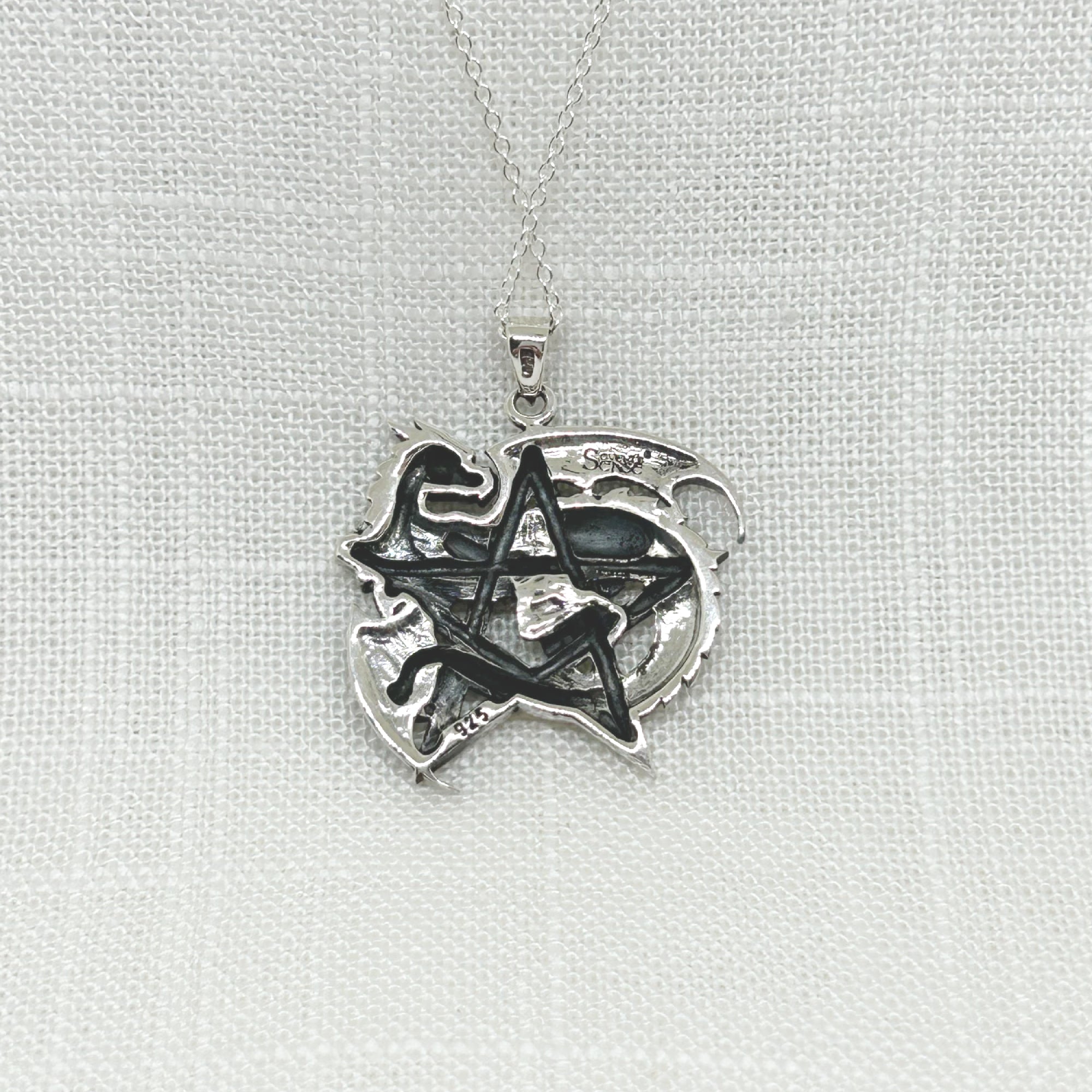 Sterling Silver Large Moon Pentacle Pentagram Pendant Garnet Wiccan Jewelry