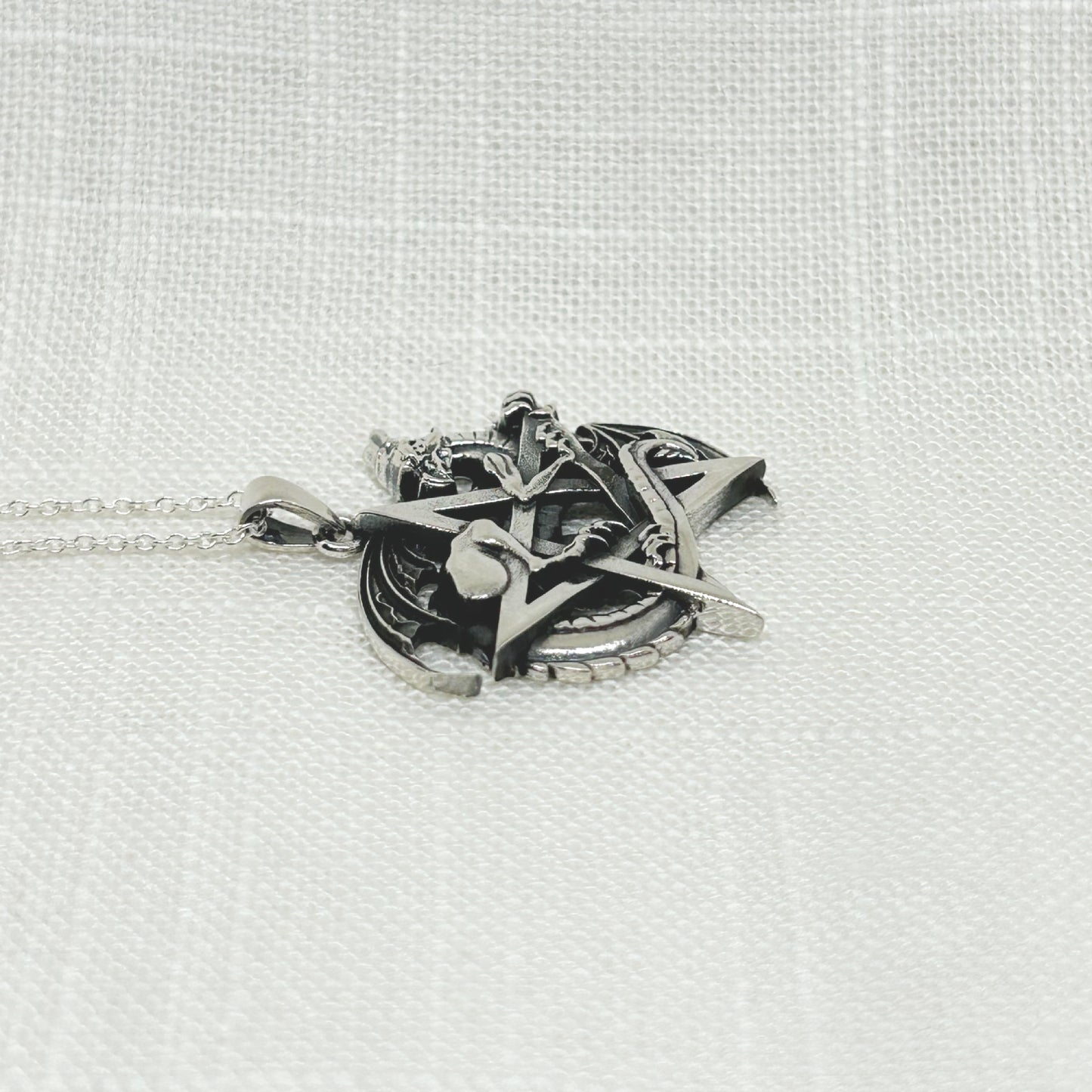 Sterling Silver Dragon Guardian & Pentagram Necklace