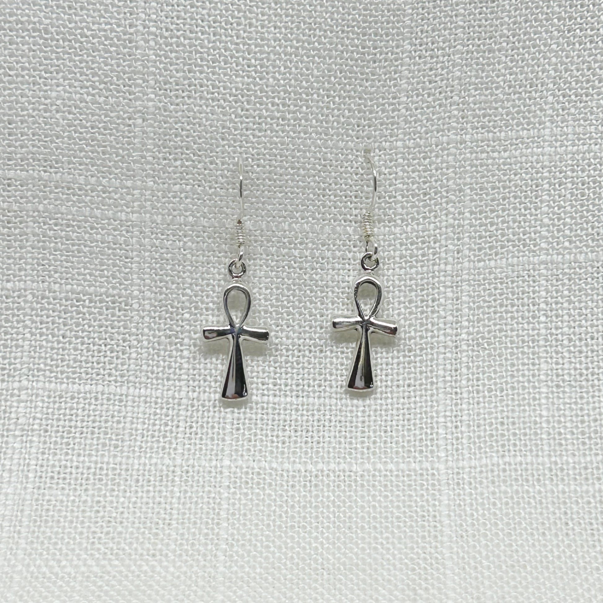 These 925 stamped ankh earrings are highly polished and are approximately 0.75cm wide by 3cms long including hooks and come gift boxed.  Matching Egyptian Ankh Necklaces are also available on the website in two different sizes