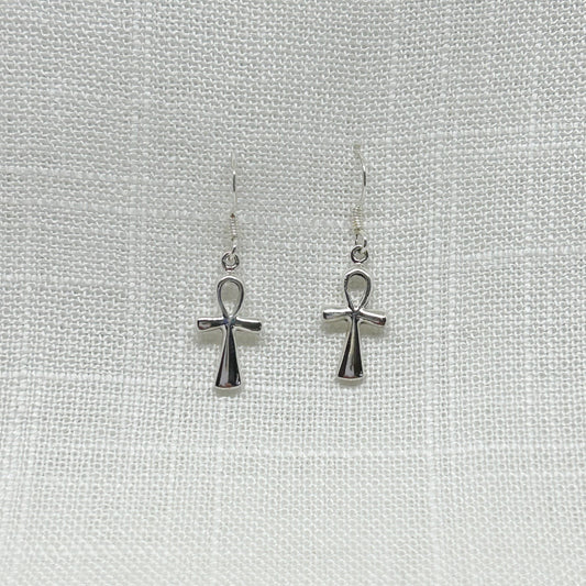 These 925 stamped ankh earrings are highly polished and are approximately 0.75cm wide by 3cms long including hooks and come gift boxed.  Matching Egyptian Ankh Necklaces are also available on the website in two different sizes