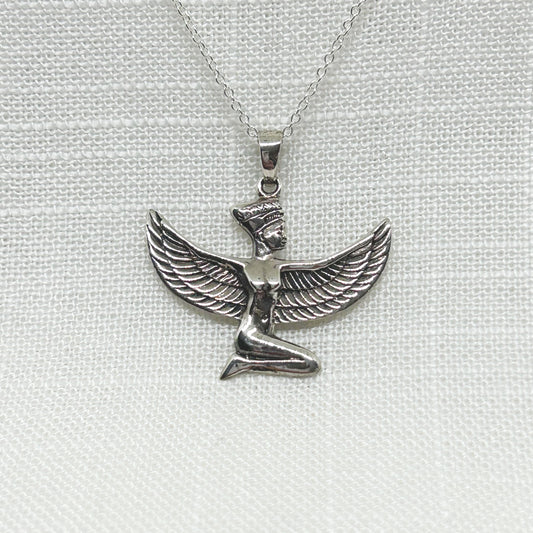 Set in solid 925 silver, this beautiful ancient Egyptian Goddess Isis is kneeling with detailed wings that spread 3cm wide. She is 3cm high including the bale.  All pendants come supplied on a 20 inch Sterling Silver Curb Chain and arrive gift boxed.   In ancient Egypt, Isis symbolises motherhood, healing, magic, love, death and rebirth.