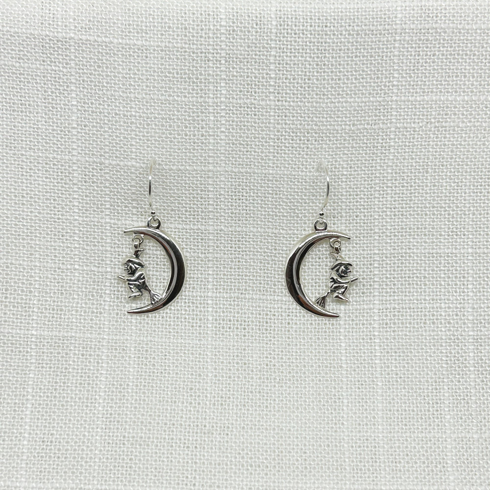Sterling Silver Flying Witch & Moon Drop Earrings