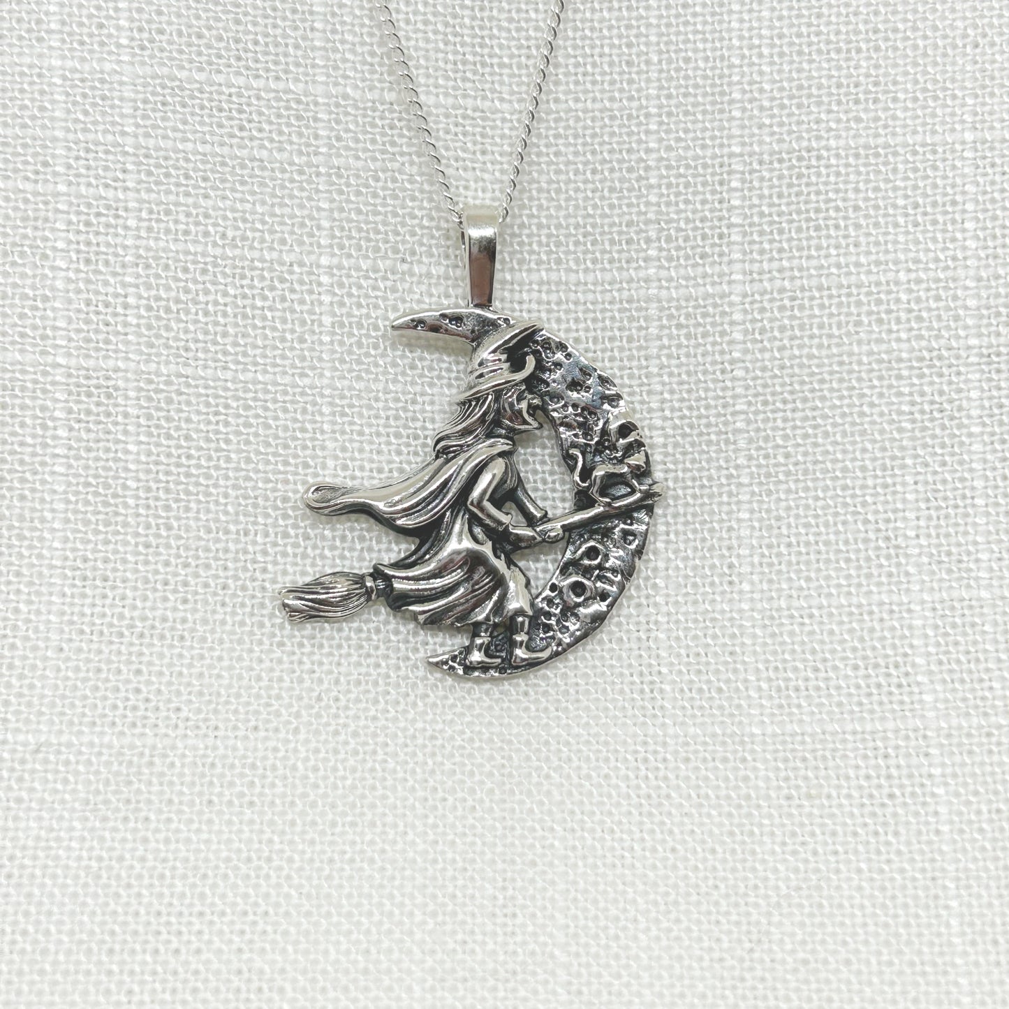 Sterling Silver Flying Witch & Moon Necklace Large