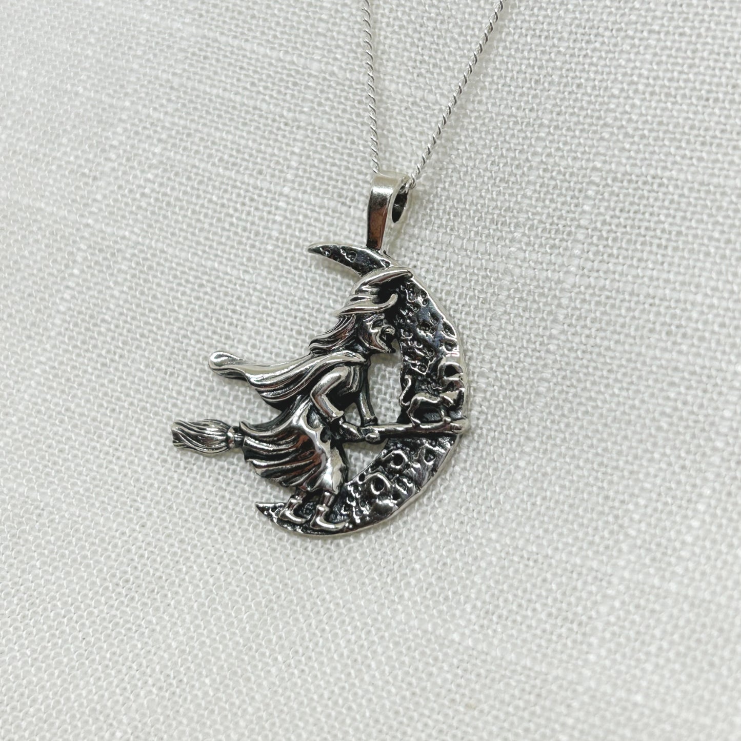 Sterling Silver Flying Witch & Moon Necklace Large