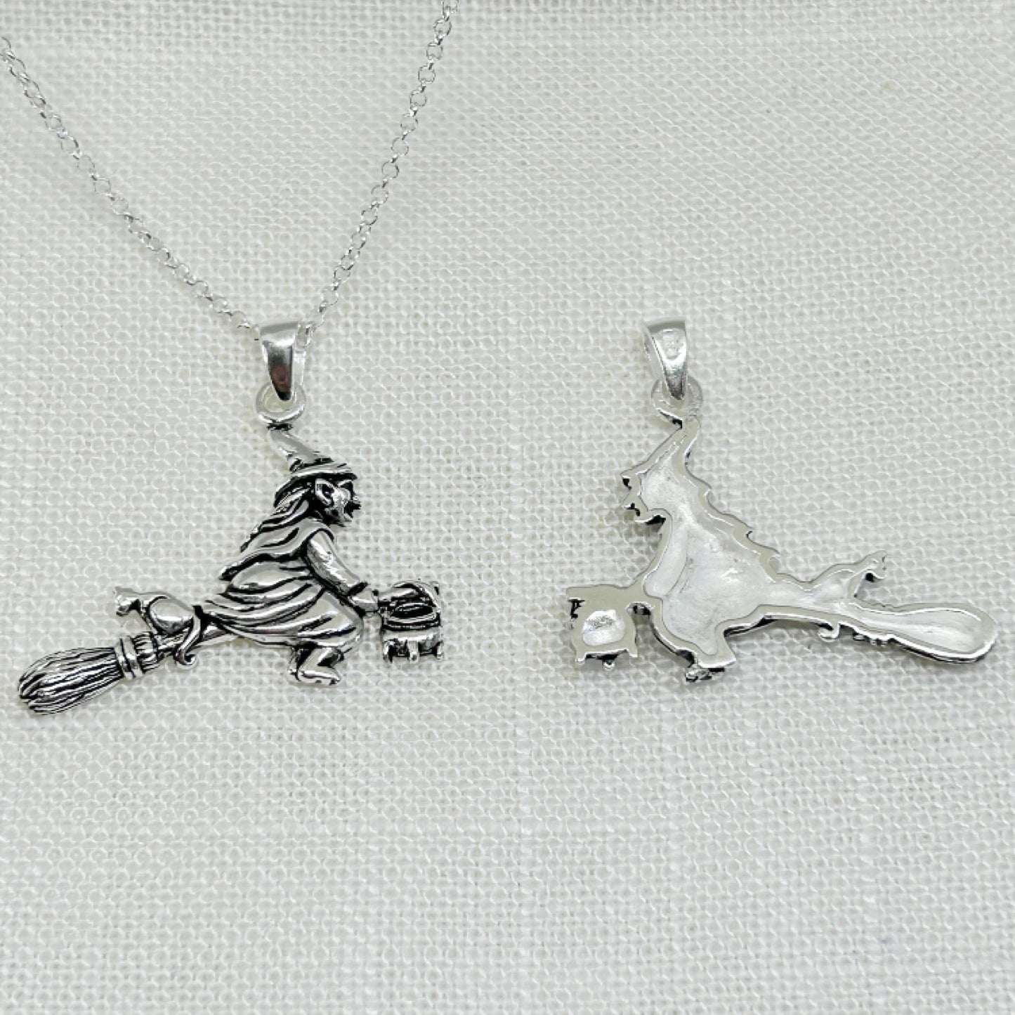 Sterling Silver Flying Witch with Cat & Cauldron Necklace