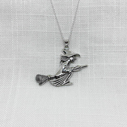 Sterling Silver Flying Witch Necklace XL