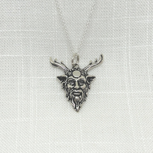 'Cernunnos,' a Celtic God found in mythology means "horned one" and is the God of nature, the forest, fertility, life, animals, wealth, and the underworld. He is also known in other pagan cultures as Pan (Greek) or Faunus (Roman), among others. This exceptional unisex pendant measures approx 32mm long x 30mm wide. All pendants come supplied on an 20 inch Sterling Silver Curb Chain and are gift boxed.