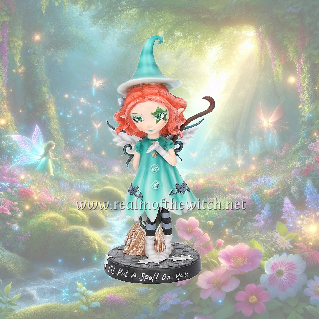 Wearing a turquoise dress and pointed hat, this unique fairy has a pair of delicate white wings emerging from her back. Her light auburn hair frames her face which is decorated by a large star. In her hand, she holds a broomstick while spreading a little magic with the other. The theme behind the figurine is emblazoned on the black base, 'I'll Put A Spell On You'.