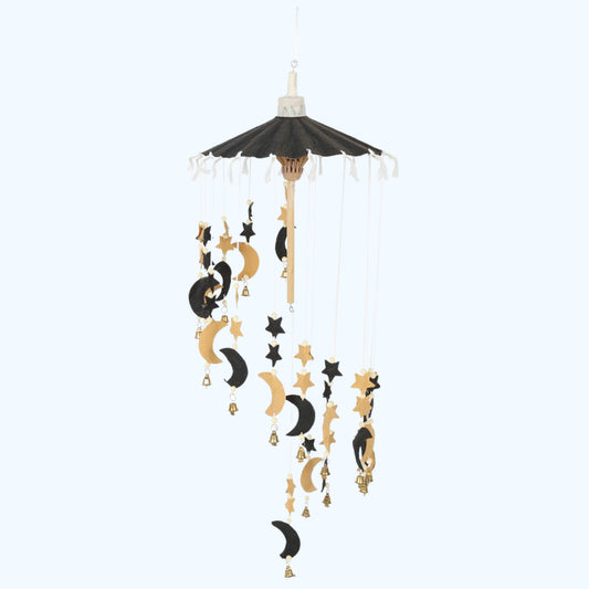 This black and beige Moon and Star Mobile is perfect for adding a touch of celestial beauty to any room.  It is ethically sourced and crafted from SAA paper, made by hand from the bark of mulberry bushes and features a star and moon design with gold bell accents.  Enjoy the sound of these bells as they bring a timeless beauty to your decor.