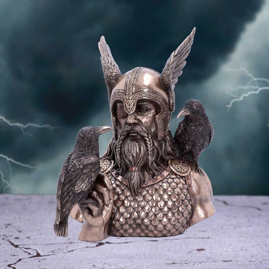 Norse God Odin Bust, featuring his two Raven messengers. This portrayal of Odin shows him wearing a winged helm and armoured chest piece. His right hand raised becomes a perch for one of his raven companions. The other sits on his shoulder. These two ravens are Huginn (thought) and Muninn (mind). 23cm high