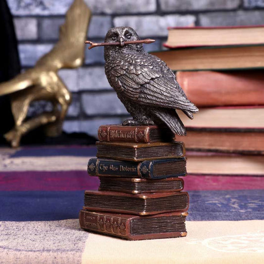 Standing on top of a pile of leather bound books, this clever owl familiar holds a small wand gently between his beak, ready to cast his next spell with you. 14cm tall