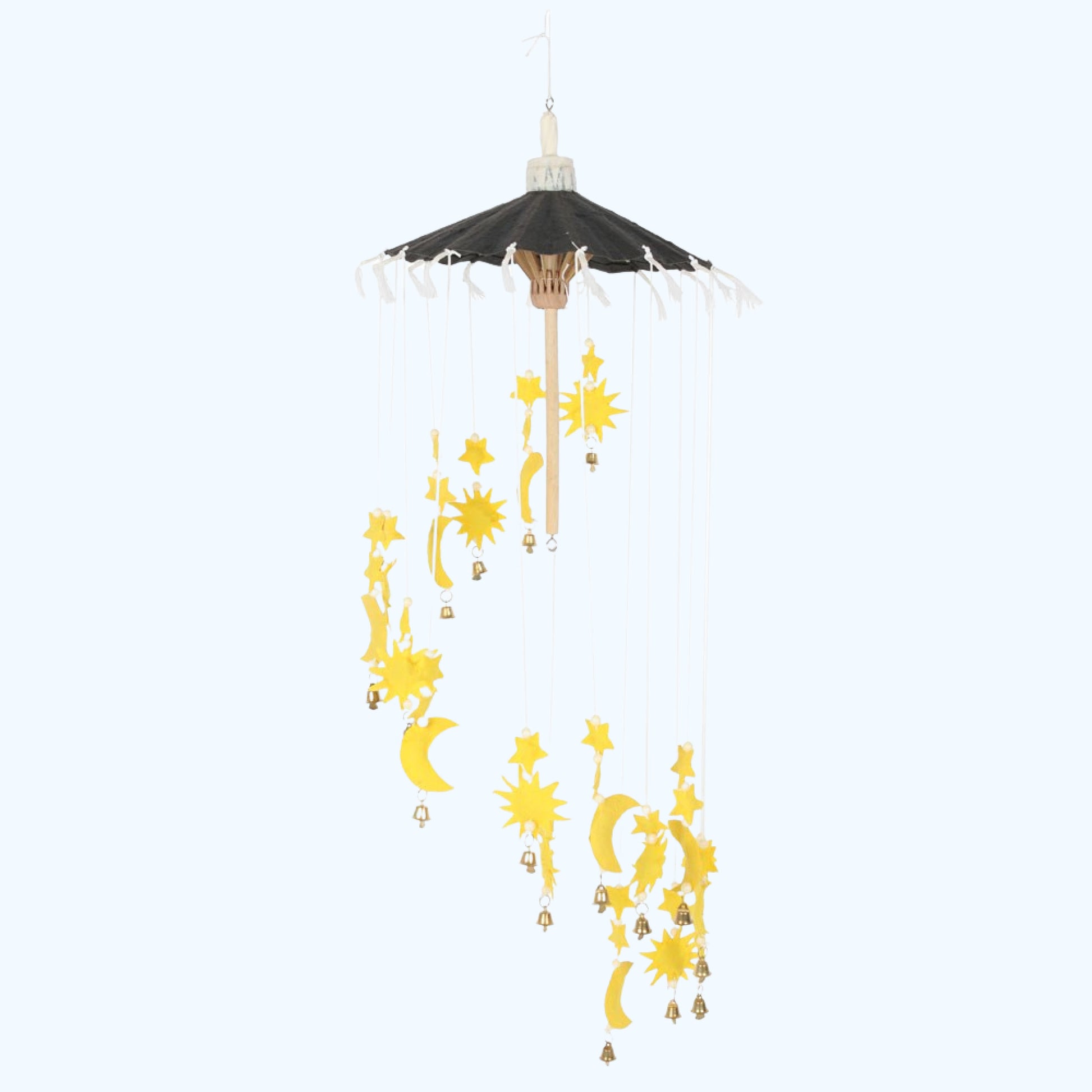 Beautifully crafted and ethically sourced, this Sun, Moon and Stars Mobile with Bells is a unique piece of art.  Its celestial design features sun, stars, and moon in bright yellow with gold bell accents, all created from hand made SAA paper from the bark of mulberry bushes.  A perfect decor piece to add a touch of magic to any living space.