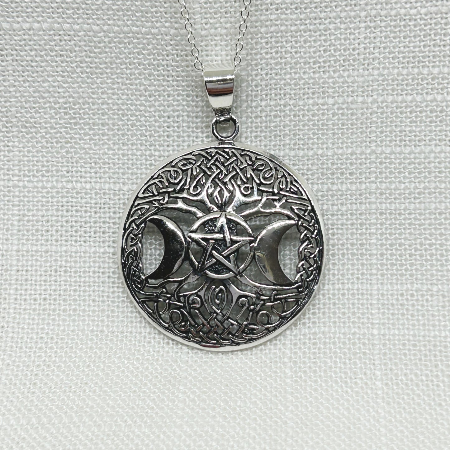 Sterling Silver Triple Moon & Pentagram Tree of Life Necklace
