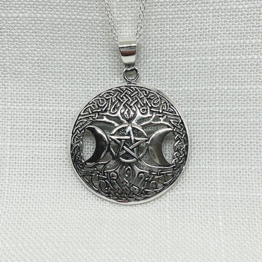Sterling Silver Triple Moon & Pentagram Tree of Life Necklace