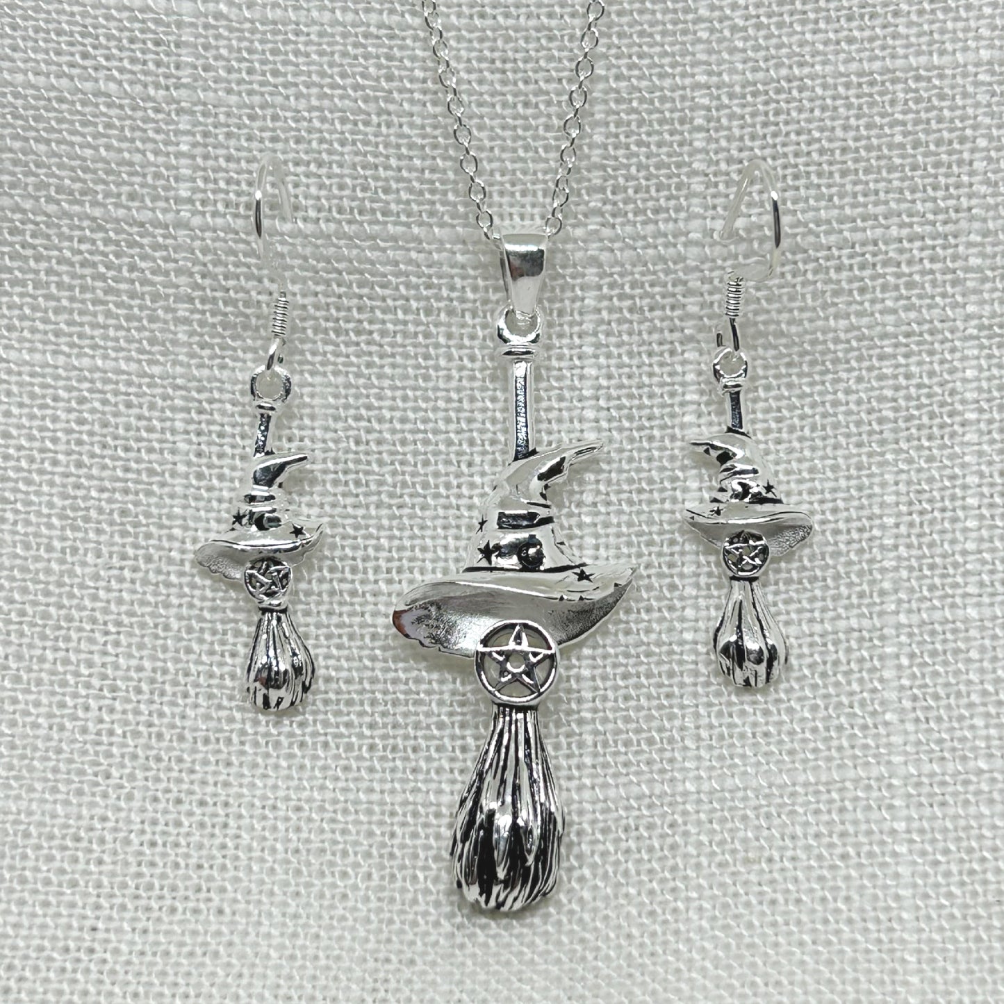 Sterling Silver Witches' Besom Broomstick & Hat Necklace