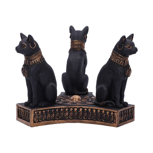 This striking Bastet's Honour Egyptian Cat Crystal Ball Holder is the perfect way to honour the Egyptian gods of old. It features three cats with gold detailing and winged scarab's on their chests, all cast from the finest resin and hand painted. Size: 12.7cm It will comfortably hold an 11cm Crystal Ball available to buy separately on the website.