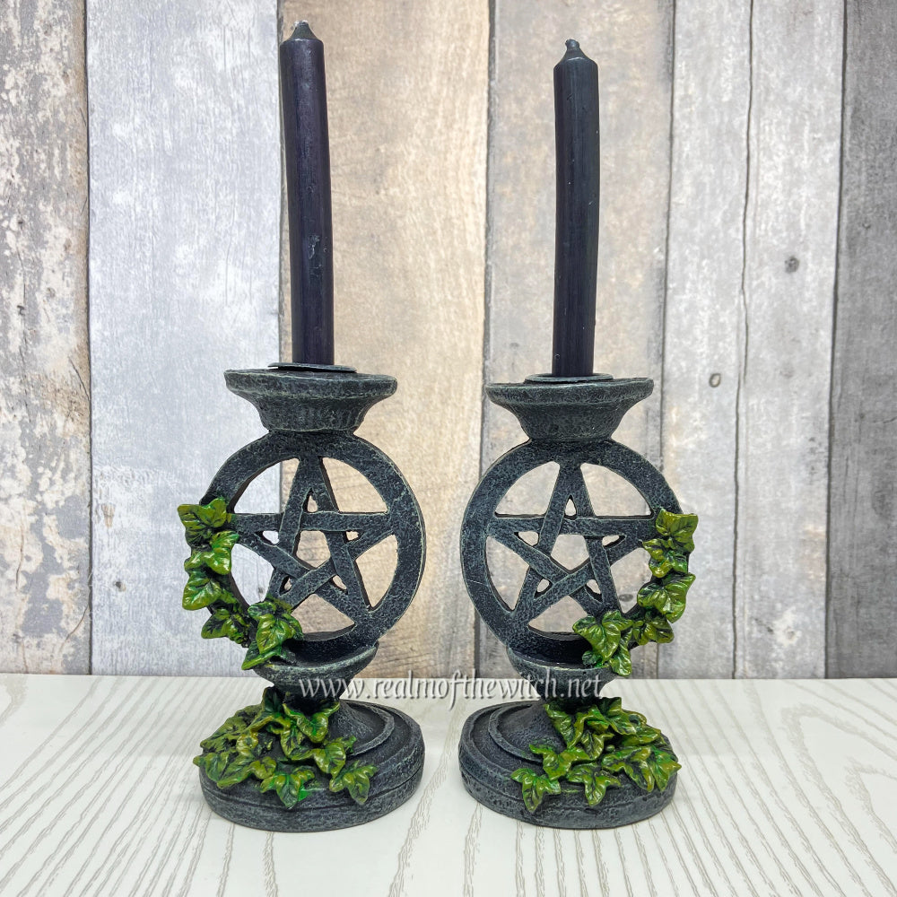 Entwined in climbing ivy, this pair of pentacle candlestick holders are perfect for adding a magical touch to any altar or living space. They are cast in high-quality resin and made to look like ancient relics of years gone by. Cast in the finest resin. Hand-painted. Size 13.4cm