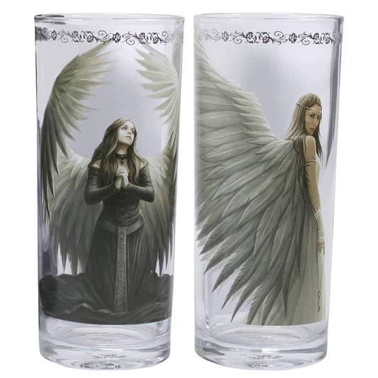 Each pair comes with two different designs of Gothic angels, 'Prayer for the Fallen' (left), a Gothic angel dressed in a dark green medieval gown, on her knees praying with wings outstretched and 'Spirit Guide' (right), another Gothic angel standing up in a lighter grey/green flowing gown, looking back with her wings open. The top of the glasses are each finished off with a floral flourish and an elegant rose.  Each Glass Size: 6cm x 15cm and holds 275ml of liquid
