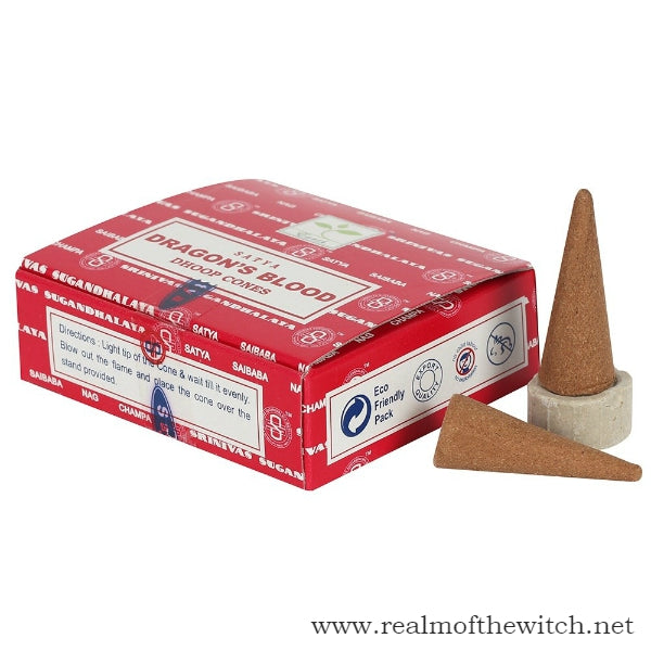 Satya Dragon's Blood Dhoop Cones, 12 cones per box. Dragon's blood has a sweet, slightly woody scent and is often used in protection magick. 