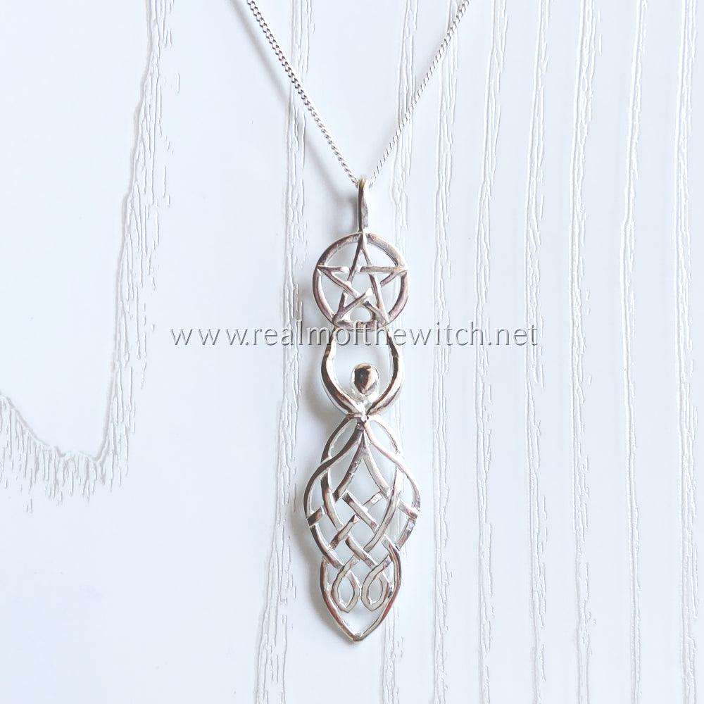 This gorgeous Celtic knot goddess pendant is approx 55mm long inc. the fixed bale x 15mm wide. She symbolises feminine power, good fortune, health and happiness, while the pentacle offers the wearer protection. All pendants come supplied on a 20" Sterling Silver Curb Chain and come gift boxed. 