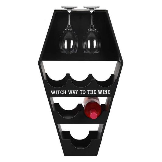 This coffin shaped wine rack is sure to delight guests at your next spooky event. Includes slots for four wine glasses and six bottles with 'Witch Way To The Wine' text.   Material: MDF Dimensions: H: 62cm x W: 36cm x D: 16cm